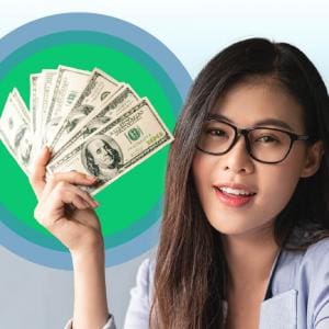 Woman holding a fan of hundred-dollar bills and smiling, with DollarSprout logo in the corner.