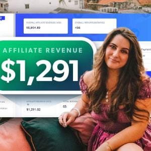 Madison Krigbaum in a pink dress sitting on a green couch, with a Stay22 affiliate dashboard in the background showing $1,291 in affiliate revenue