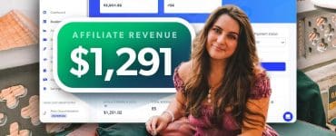 Madison Krigbaum in a pink dress sitting on a green couch, with a Stay22 affiliate dashboard in the background showing $1,291 in affiliate revenue