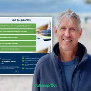 Professor Benjamin Bailey standing on a beach with a screenshot of his pension calculator website, ValueYourPension.com, in the background.