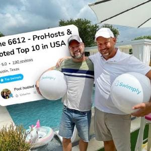 Crail and Joey, Swimply hosts of The 6612 in Austin, standing by their pool holding Swimply beach balls, with a Top 10 USA listing badge in the background