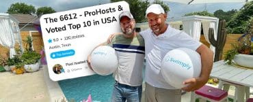 Crail and Joey, Swimply hosts of The 6612 in Austin, standing by their pool holding Swimply beach balls, with a Top 10 USA listing badge in the background