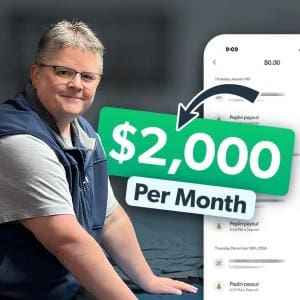 Melia Long sitting and folding laundry at home, with a $2,000 per month earnings graphic and Poplin payout screenshot in the background