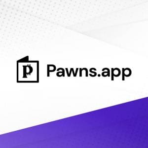 Pawns.app logo on a modern white and purple background, representing the passive income app that allows users to earn money by sharing unused internet bandwidth.