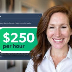 Dr. Annie Cole smiles at her desk with the Respondent dashboard on her screen, showing study invitations and a $250/hour payout overlay.