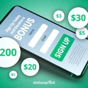 Visual showing a phone screen with a sign-up form and floating bonus amounts ($200, $30, $5), representing apps that offer real sign-up rewards.