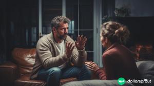 A husband talking with his hands, trying to get his wife on board with paying off their debt.