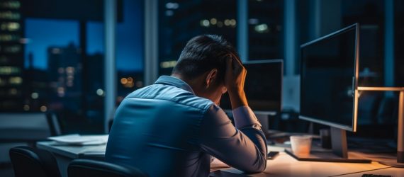 An overworked man sitting at his cubicle in the dark with his head in his hands.