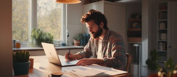 A man sitting at a desk with his laptop, mapping out his budget.