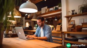A man working as a one-man Facebook ads agency, managing Facebook ads on his laptop at a cafe.