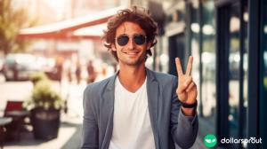 A man in his late twenties wearing a blazer and sunglasses holding up a peace sign with his fingers.