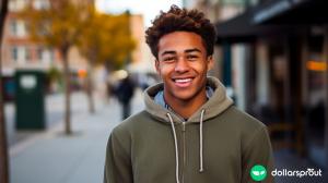 A young man in his early twenties that is standing on the sidewalk and looking and smiling at the camera.