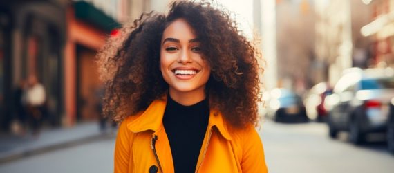 A woman on a city street that is dressed nicely and smiling at the camera.