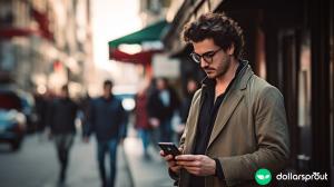 A millennial looking at his phone as he walks down the street in a bustling city.