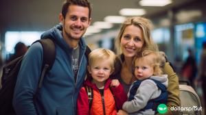 A young family at the airport waiting to board their flight.
