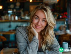 A woman sitting in a cafe looking and smiling at the camera.