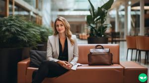 A millennial professional woman sitting in a lobby waiting for her job interview to start.