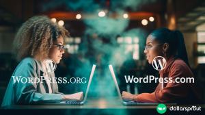 two woman at laptops discussing the difference between wordpress.com and wordpress.org